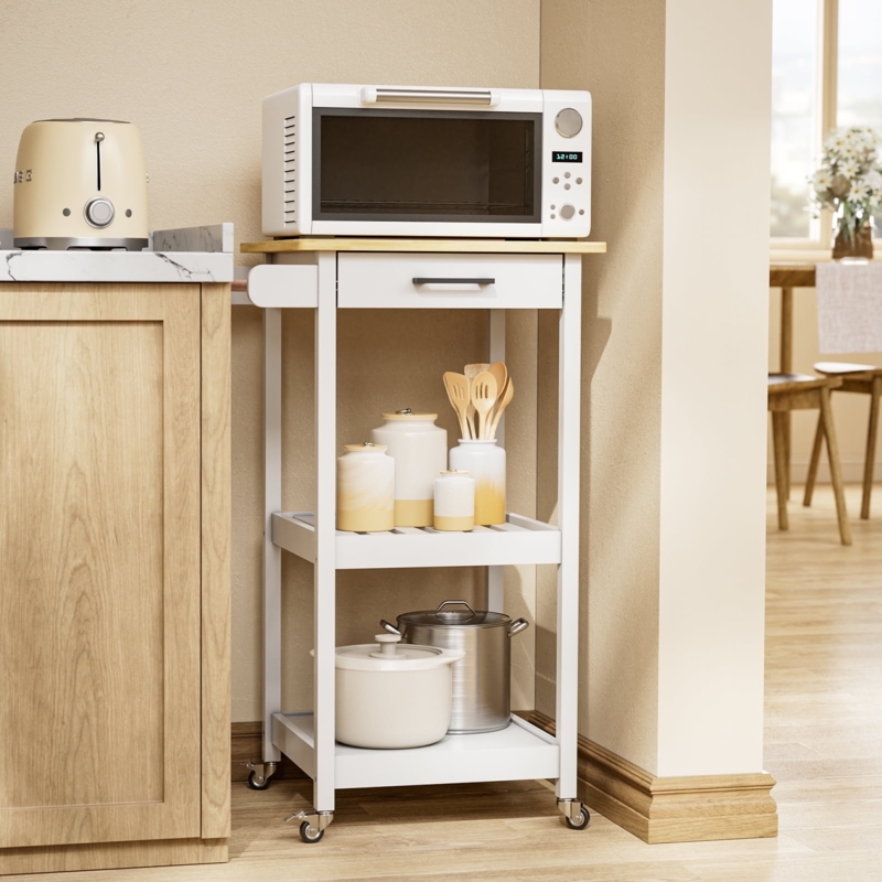 Compact Kitchen Cart with Slatted Shelves and Utility Hooks