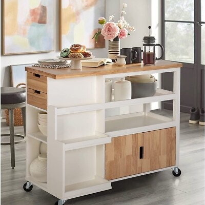 Compact Kitchen Trolley Cart with Slatted Shelves and Wood Prep Surface.