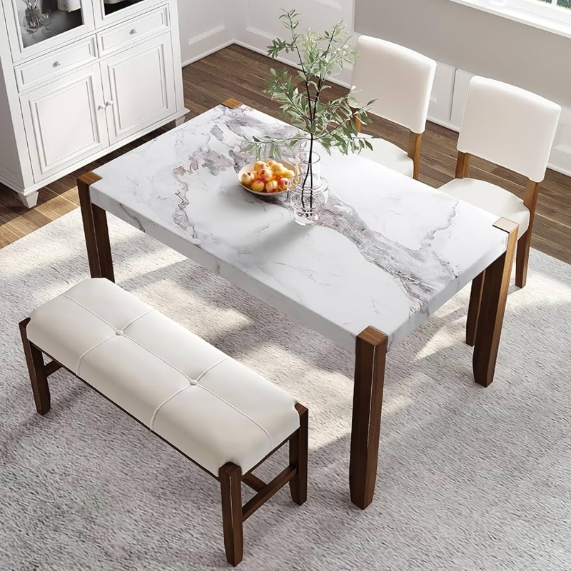 Compact Marble Pattern Dining Table Set with Bench for Small Spaces