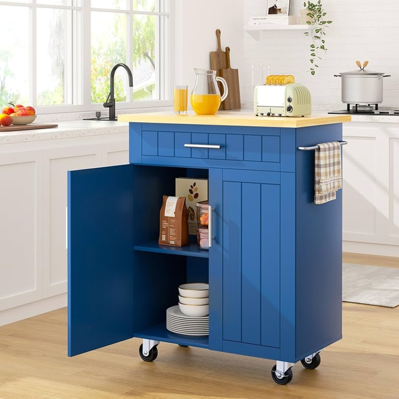 Compact Navy Blue Rolling Kitchen Cart with Two-Door Cabinet