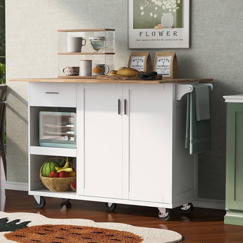 Compact White Kitchen Cart with Drop-Leaf Countertop & Storage