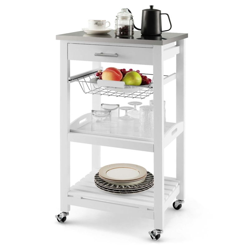 Compact White Kitchen Cart with Stainless Steel Top and Wire Basket