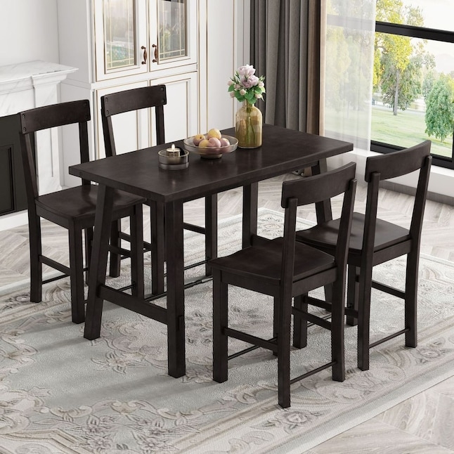 Contemporary 6-Piece Dining Set: Dark Finish with Grey Slat Back Seats