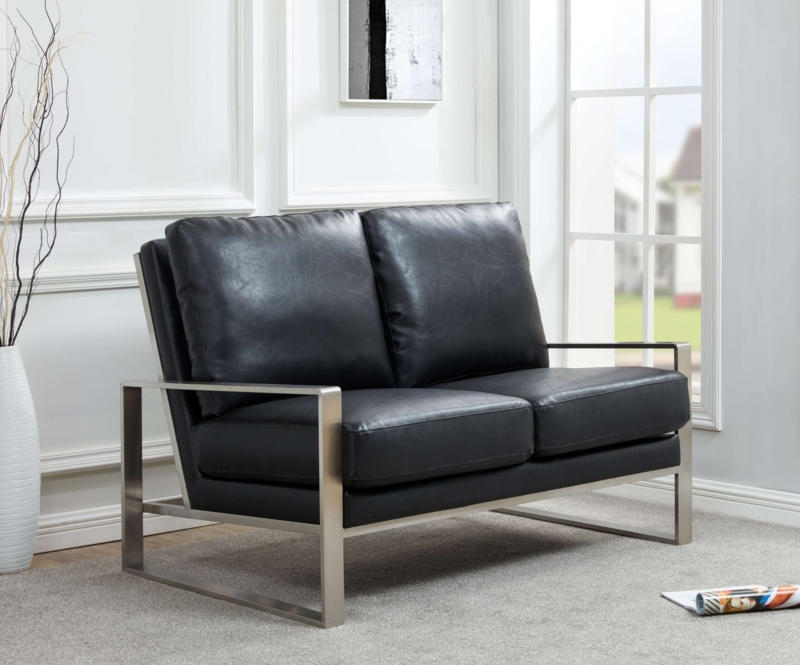 Contemporary Black Faux Leather Loveseat with Silver Metal Frame