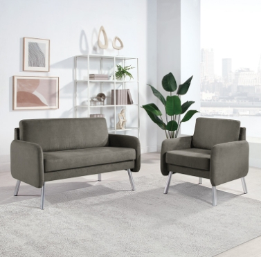 Contemporary Black Leather-like Loveseat with Cylindrical Chrome Legs.