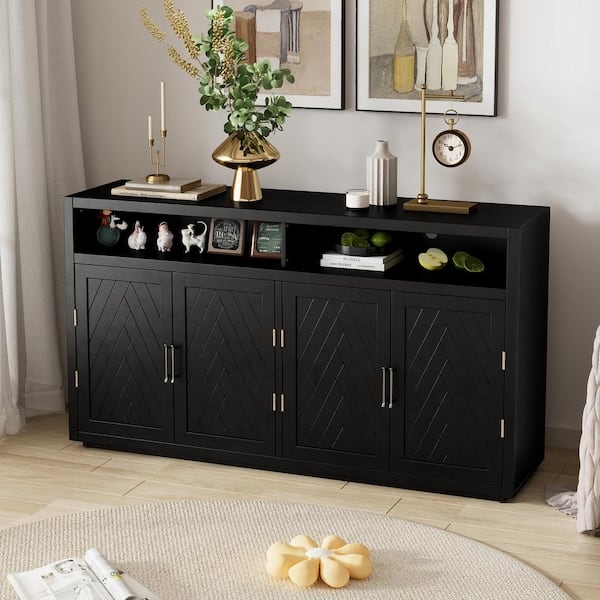 Contemporary Black Sideboard with Open Top Compartment and Ribbed Doors