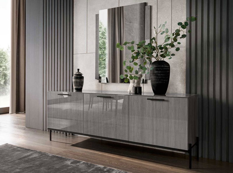 Contemporary Buffet Charcoal Grey High-Gloss Wood Grain Vertical Handles