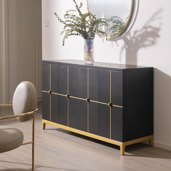 Contemporary Credenza Stone-Like Top Espresso Gold Tab Pulls
