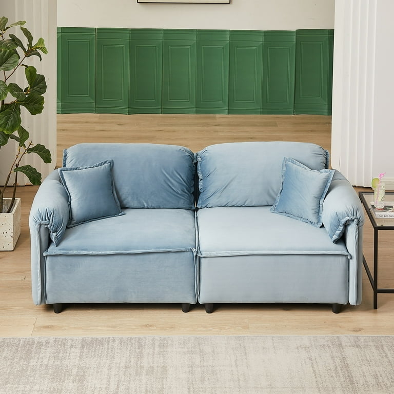Contemporary Curved Velvet Sofa in Light Blue with Inward Turned Arms