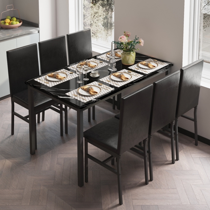 Contemporary Dining Set featuring Faux Marble Tabletop and High-Back Chairs