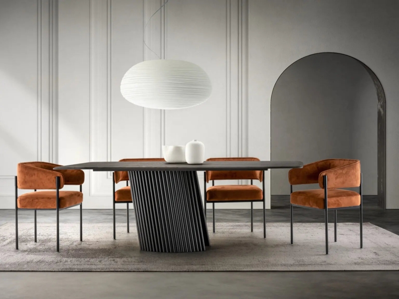 Contemporary Dining Set for Six Stone Top Sculptural Pedestal