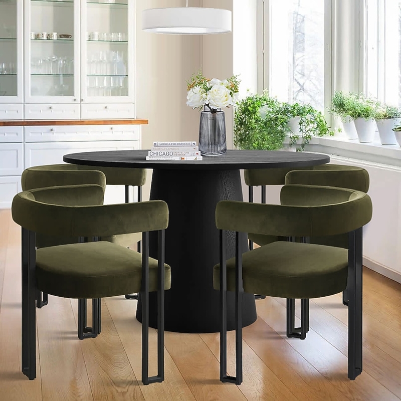Contemporary Dining Set: Green Boucle Chairs & Black Pedestal Table