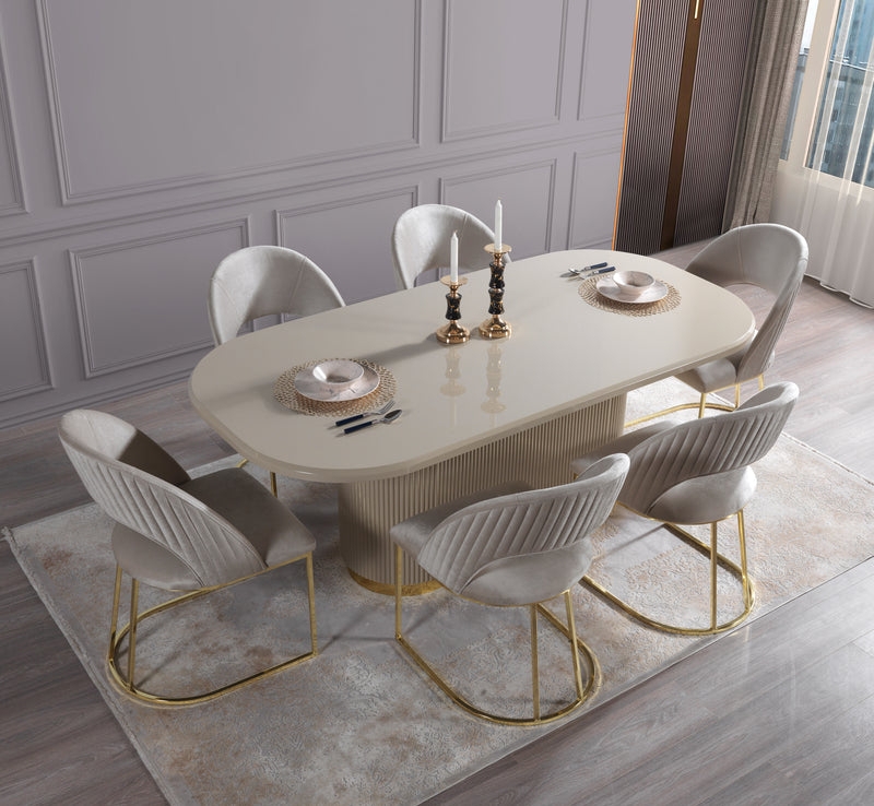 Contemporary Dining Set: Marbled Stone-Like Top & Ivory Upholstery