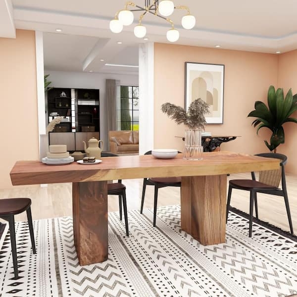 Contemporary Dining Table Round Light Wood with Ribbed Column Base
