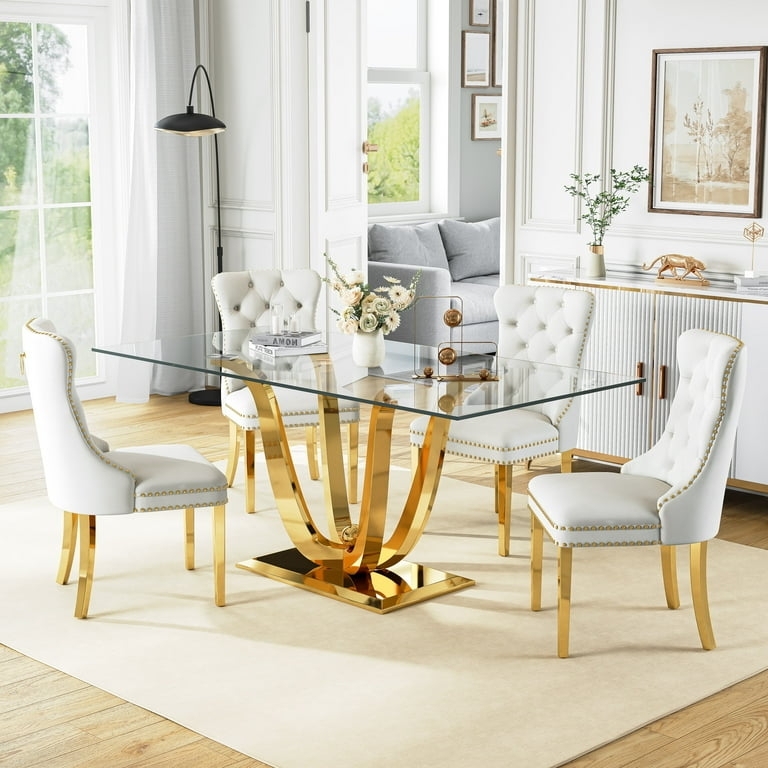 Contemporary Dining Table U-Shape Metal Base Thick Glass Top Sled Legs