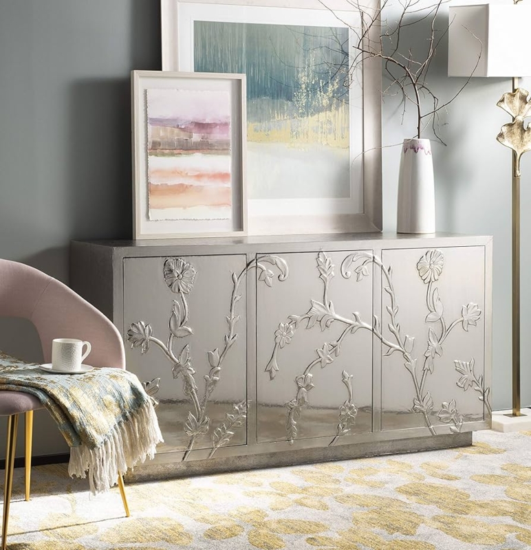 Contemporary Glam Buffet Silver Metallic 3D Floral Relief
