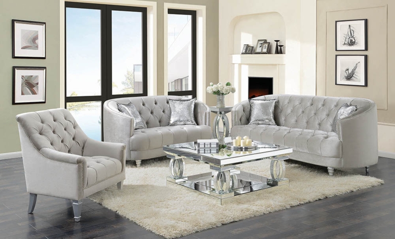 Contemporary Grey Fabric Loveseat with Geometric Open Chrome Frame.