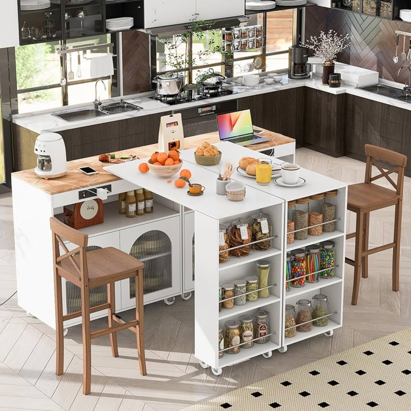 Contemporary Kitchen Island with Fluted Glass Doors & LED Accents