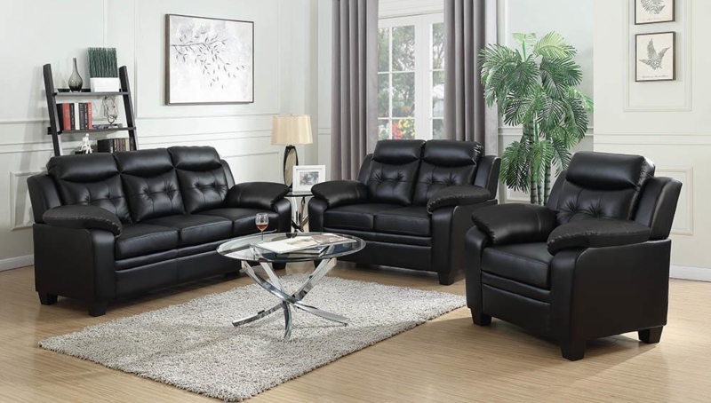 Contemporary Living Room Set in Black Upholstery with Pillow Arms