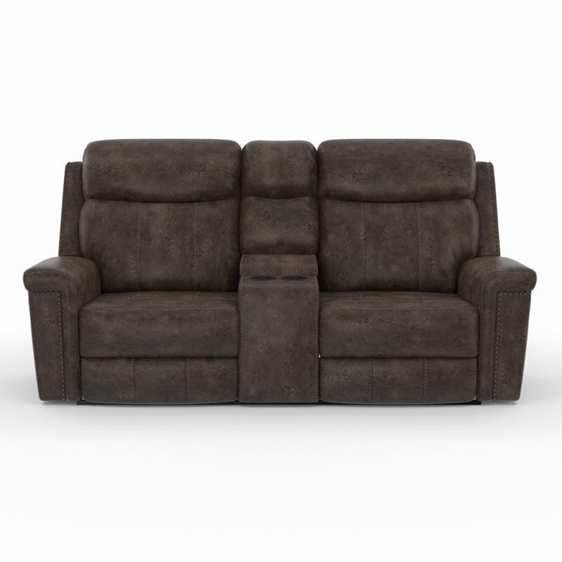 Contemporary Reclining Loveseat with Console, Charcoal Fabric Stitching