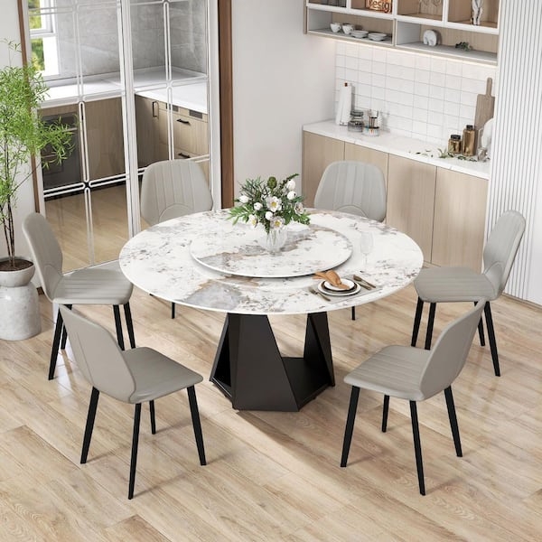 Contemporary Round Dining Table Stone Top Lazy Susan Tapered Black Base