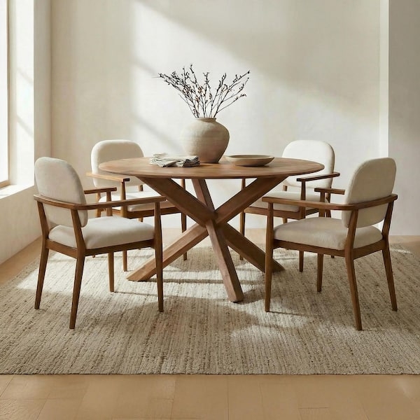 Contemporary Round Dining Table with Sculptural Cross-Leg Pedestal Base