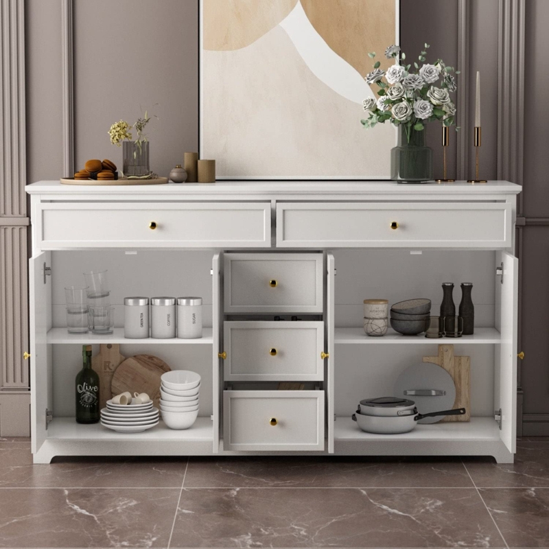 Contemporary Sideboard White Lacquer Ribbed Doors Gold Metal Legs
