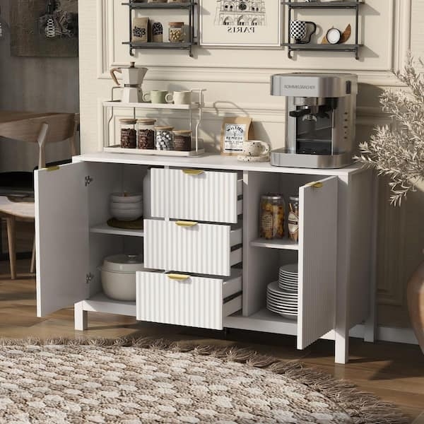 Contemporary White Buffet Sideboard with Textured Wave Doors