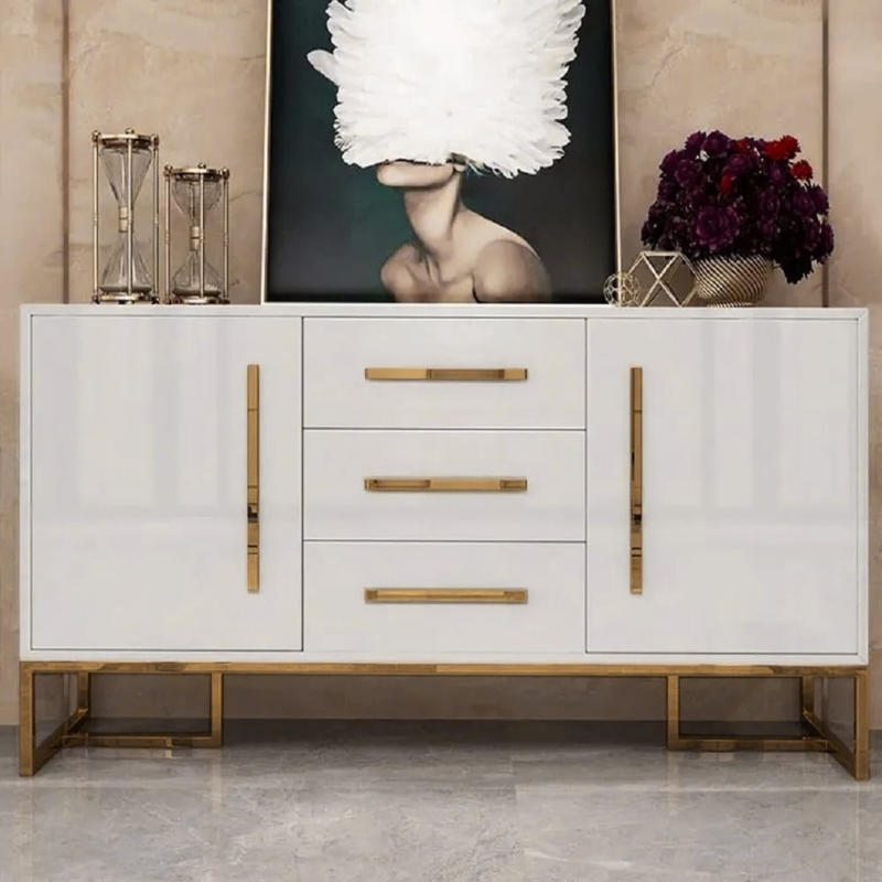 Contemporary White Buffet with Ribbed Surface and Gold Base