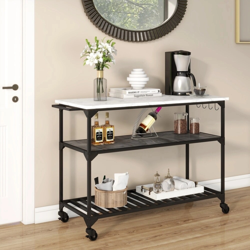 Contemporary White Kitchen Island Cart with Gold Hardware