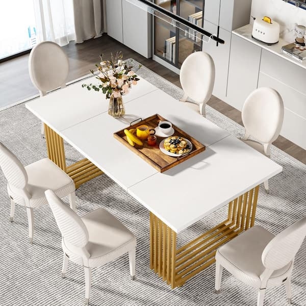 Contemporary White Rectangular Dining Table with Trestle Base