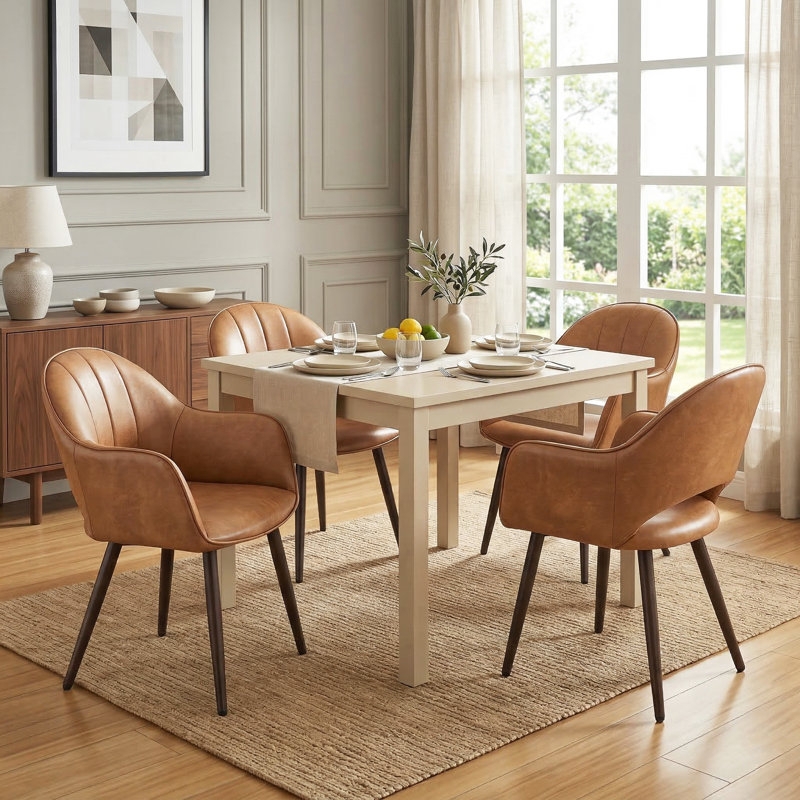 Continuous Curve Bucket Seat Armchairs in Cognac Faux Leather