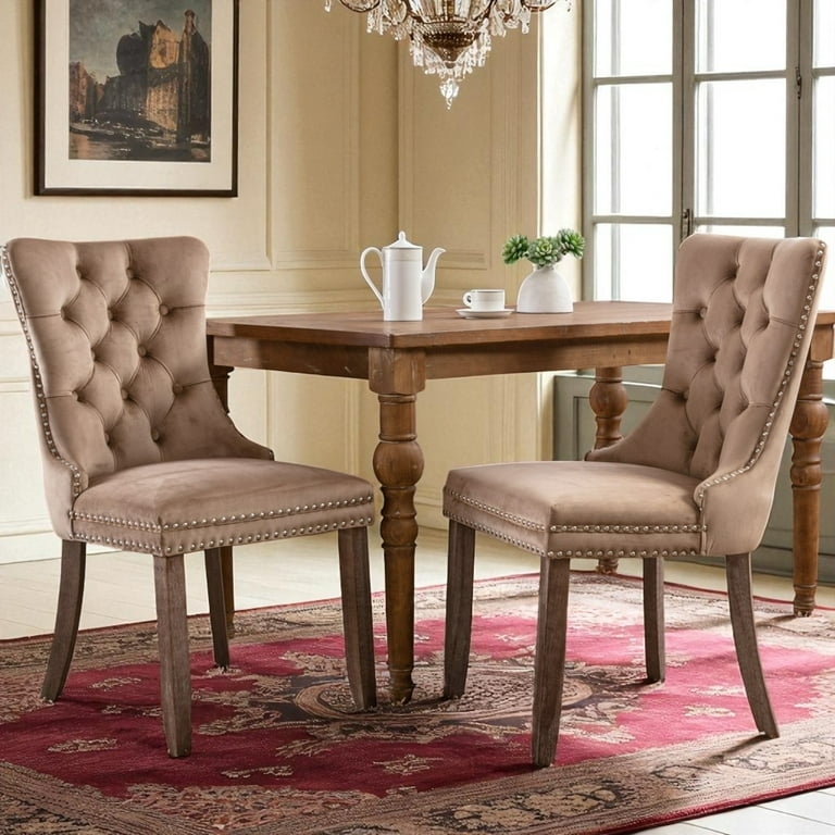 Cool Grey Velvet Dining Chairs with Button Tufting and Nailhead Trim