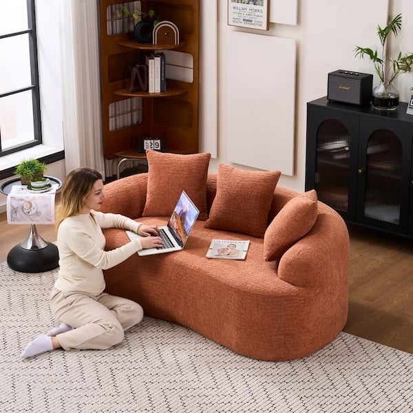 Coral Chenille Curved Loveseat with Flared Arms, Textured Chenille Sofa
