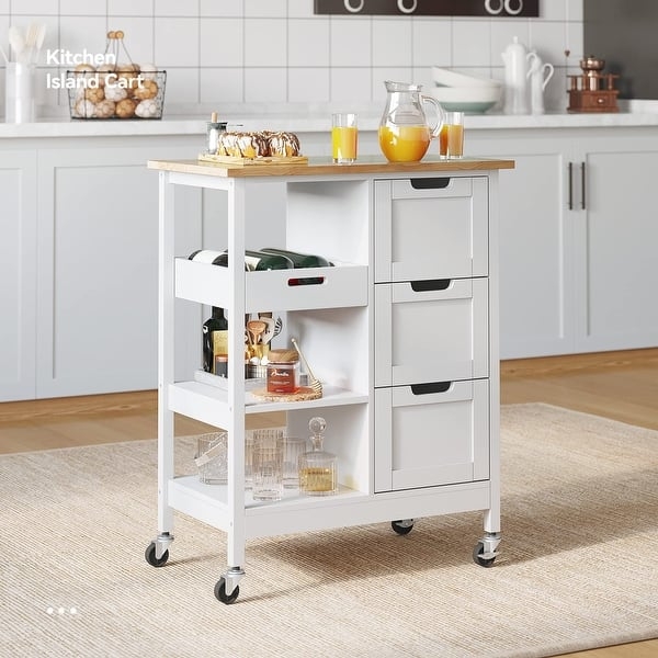 Cottage Kitchen Island Cart Three Drawers Wood Top Cabinet