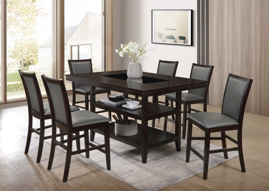 Counter Height Dining Set for Six with Upholstered Slat Back Stools