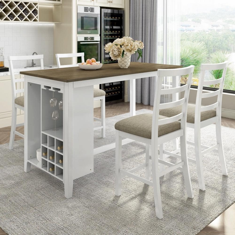 Counter Height Dining Set Modern Farmhouse Wine Compartment Whitewashed