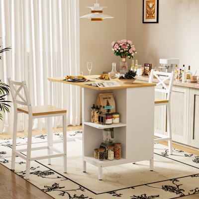 Counter Height Dining Set with Side Storage Shelves White and Wood