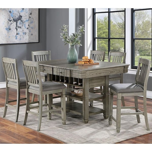 Counter Height Dining Set with Wine Rack & Storage Drawers Gray Wood