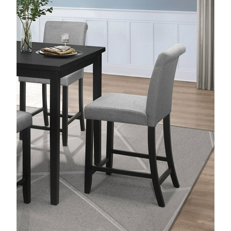 Counter Height Stools with Black Ladder Back and Grey Upholstered Seat
