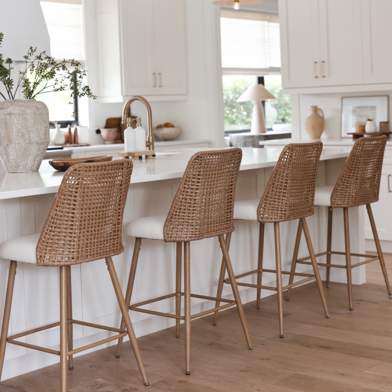 Counter Stool Ivory Boucle Curved Backrest Cutout Metal Legs