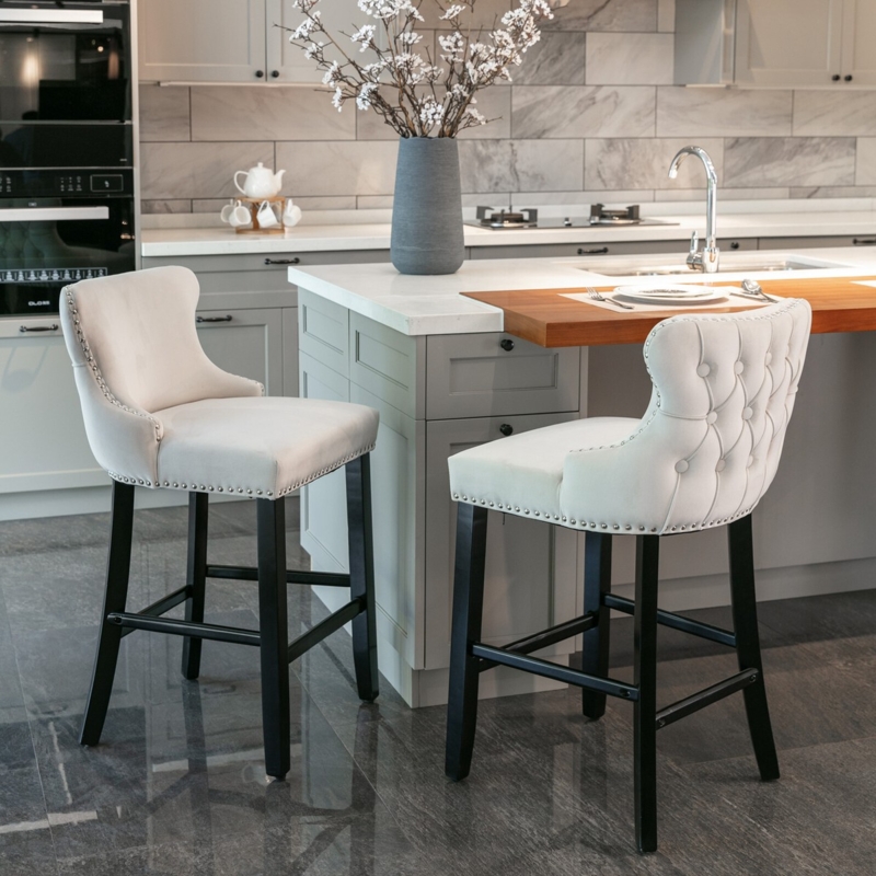 Counter Stools Tufted Velvet Nailhead Trim Winged Back Gray (67 characters)