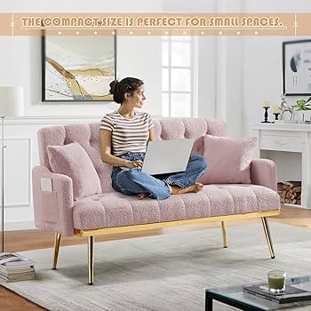 Cozy Pink Teddy Loveseat with Side Storage Pockets and Gold Metal Legs