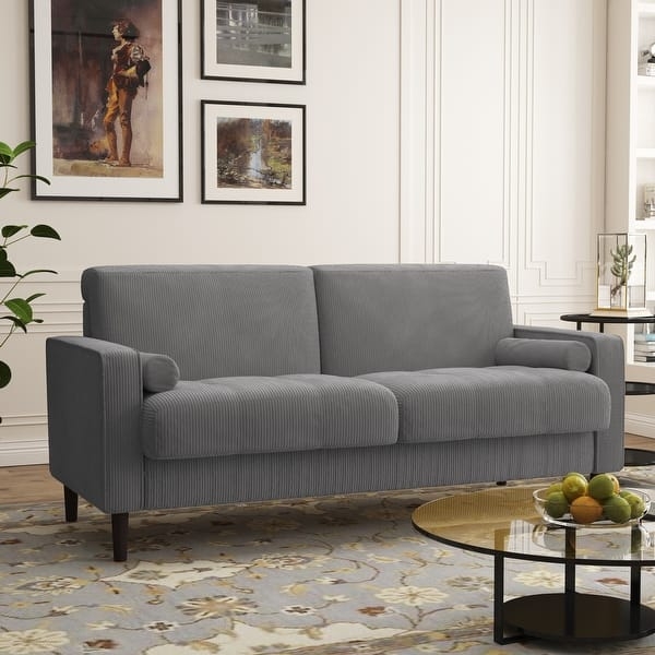 Cream Corduroy Loveseat with Matching Bolster Pillows and Wood Legs