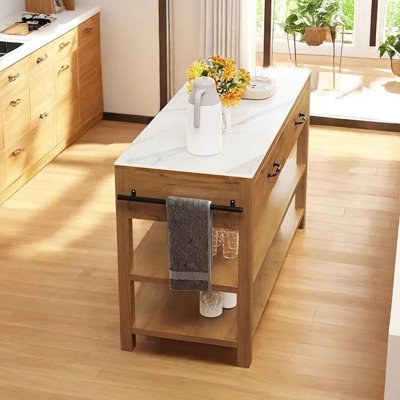 Cream Kitchen Island with Thick Wood Top and Overhang Seating