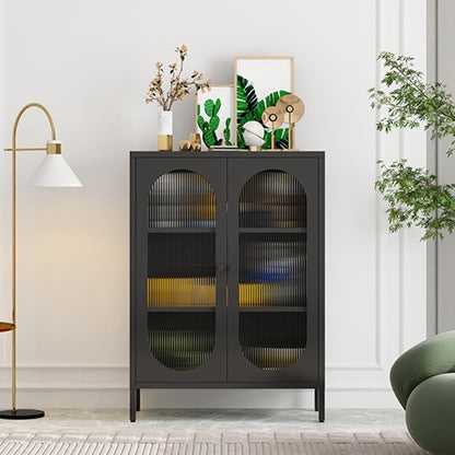 Cream Sideboard with Ribbed Door Fronts and Gold Metal Sled Base