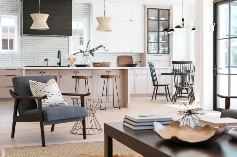 Cream Sofa and Round Wood Coffee Table in Transitional Layout