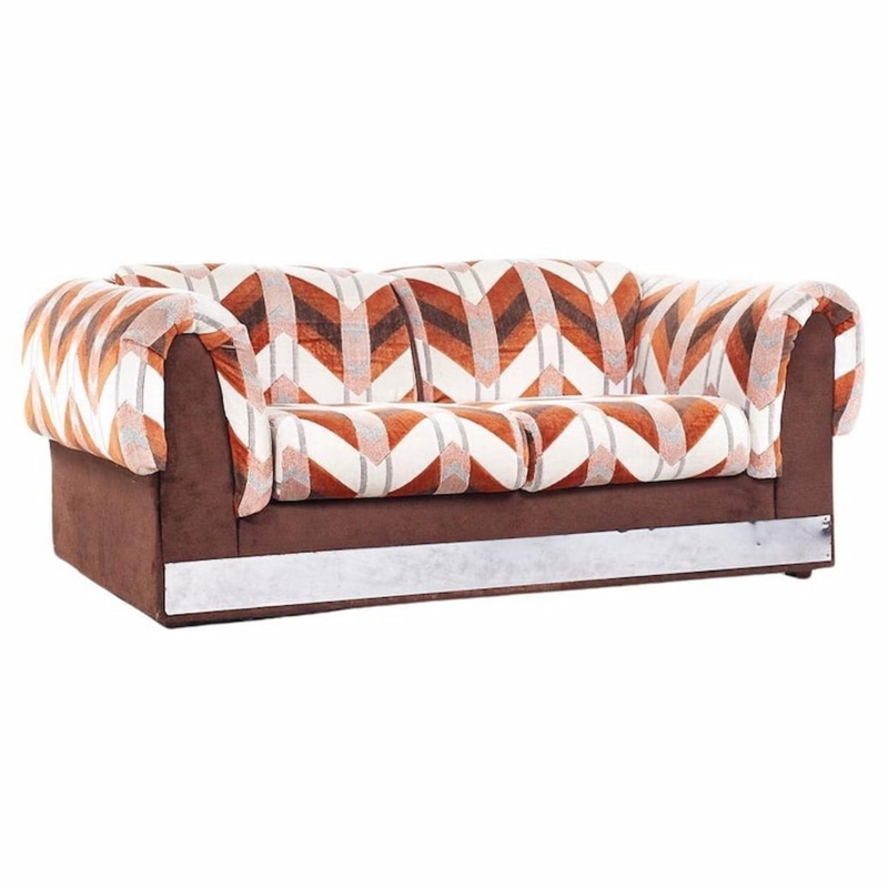 Cream Upholstered Loveseat with Polished Chrome Flat-Bar Frame.