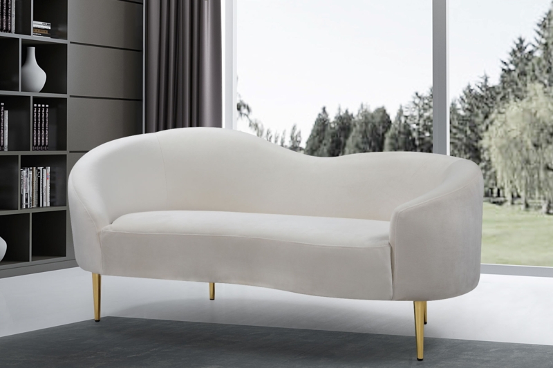Cream Velvet Channel Tufted Loveseat with Gold Metal Legs