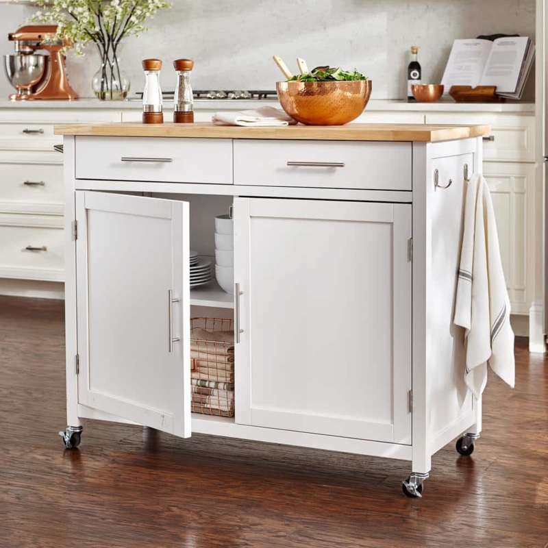Cream White Kitchen Cart with Butcher Block Top and Cup Pull Drawers